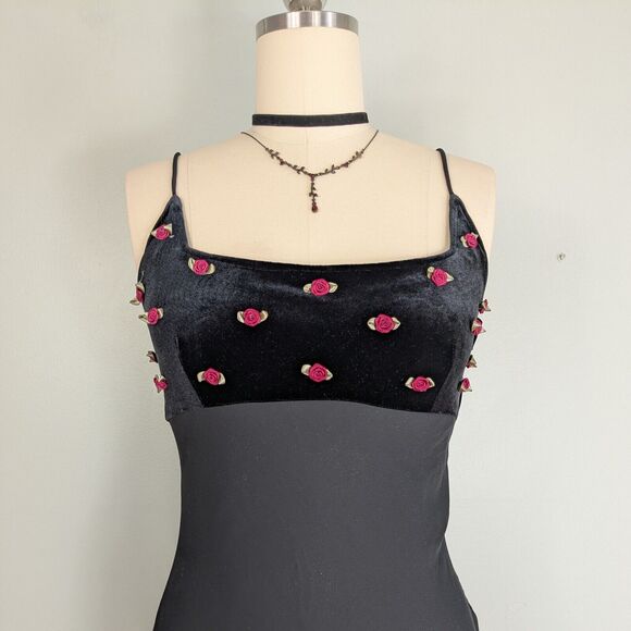 Vintage Zum Prom Dress Maxi Gown M Black Velvet Goth Y2K Babydoll Floral Grunge - Picture 3 of 13